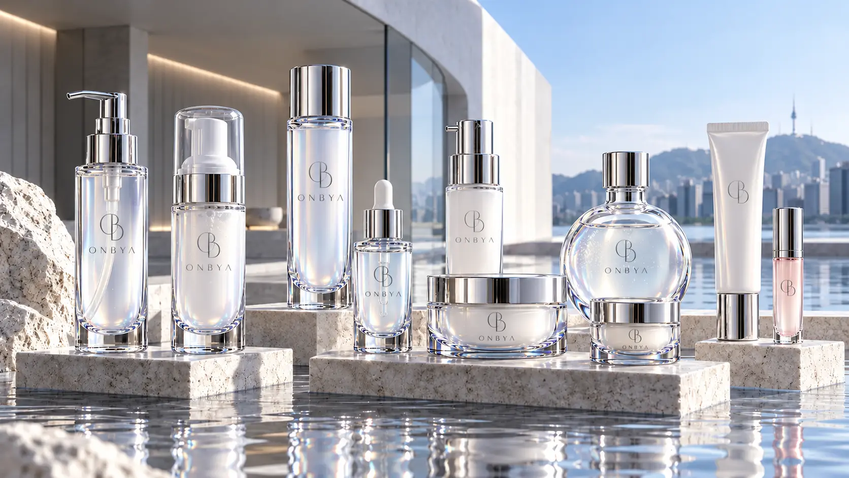 Branded packaging concept of an ONBYA skincare family, with the OB monogram applied to clear glass, silver-fitted bottles, jars and tubes