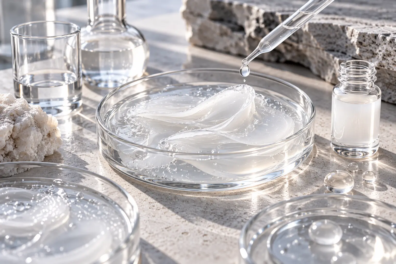 Conceptual material-science still life of glass vessels, emulsions and precision instruments