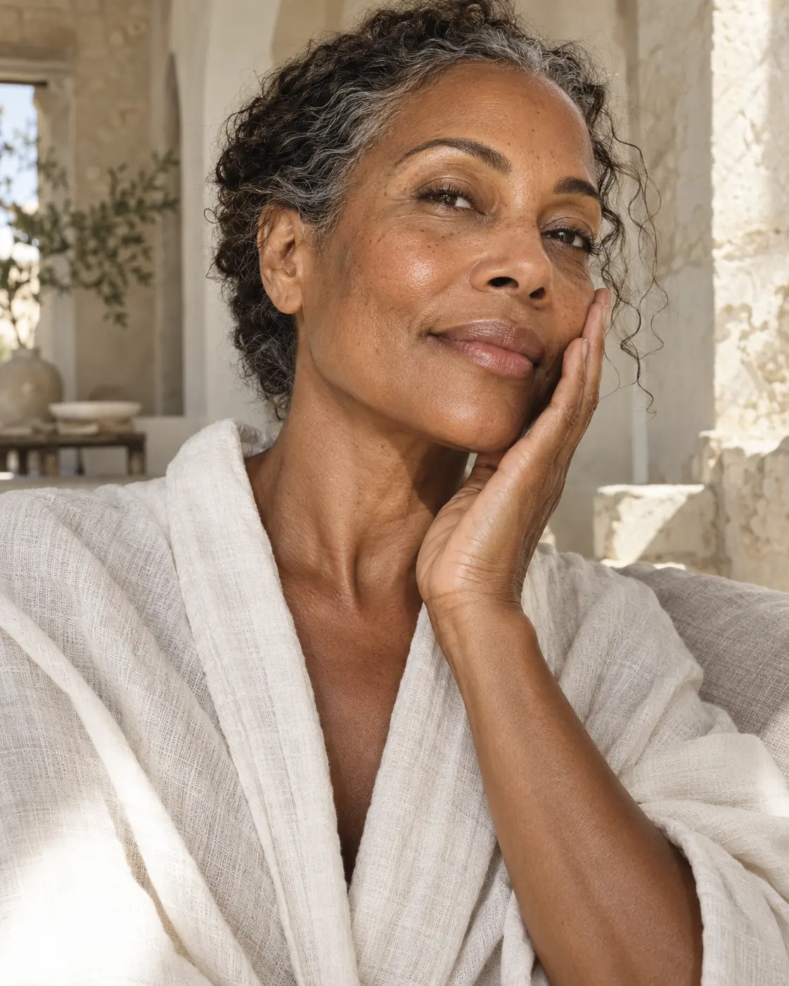 Woman with natural skin texture gently touching her cheek in window light